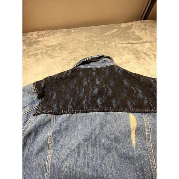 Forever 21 Denim Jacket Women Medium Jean Coat Black Lace Back Trucker Boho Y2K - Picture 9 of 11